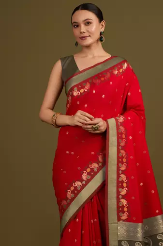 red silk blend banarasi jacuard work saree with unstitched blouse piece