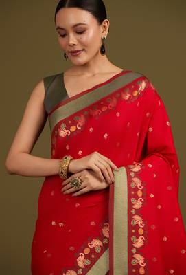 red silk blend banarasi jacuard work saree with unstitched blouse piece 4
