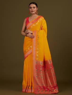orange silk blend banarasi jacuard work saree with unstitched blouse piece 1