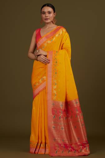 orange silk blend banarasi jacuard work saree with unstitched blouse piece