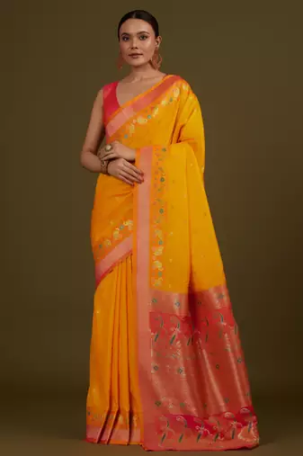 orange silk blend banarasi jacuard work saree with unstitched blouse piece