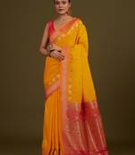 orange silk blend banarasi jacuard work saree with unstitched blouse piece