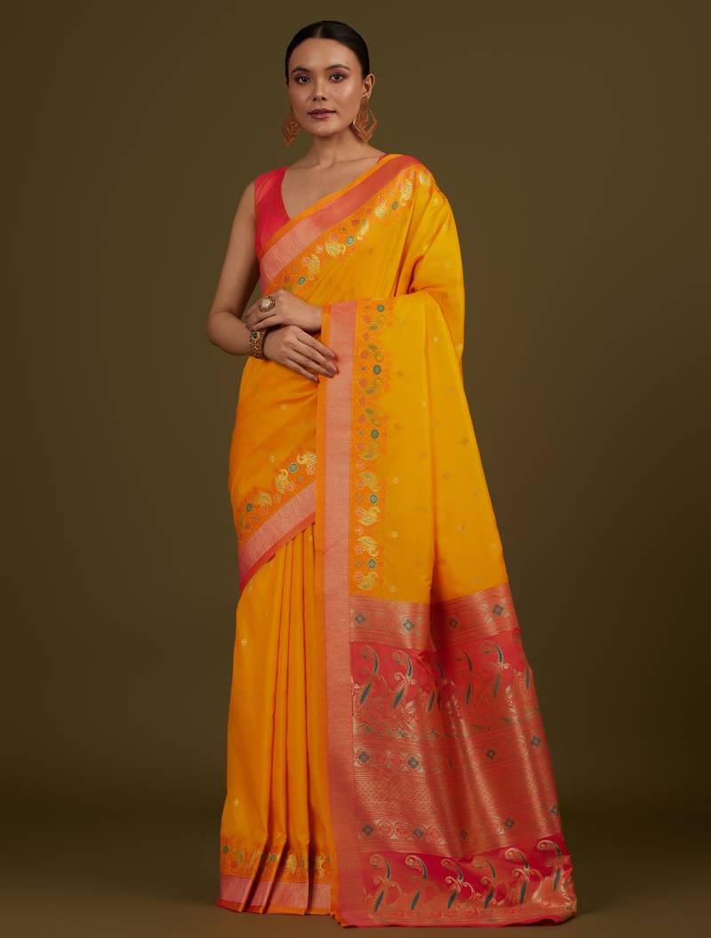 orange silk blend banarasi jacuard work saree with unstitched blouse piece