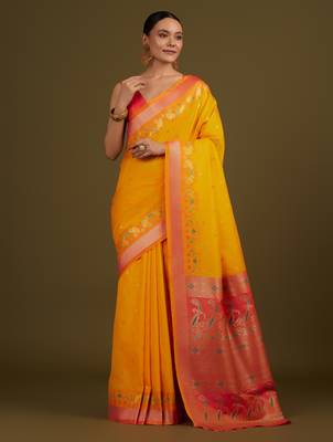 orange silk blend banarasi jacuard work saree with unstitched blouse piece 2