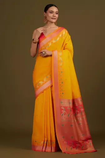 orange silk blend banarasi jacuard work saree with unstitched blouse piece