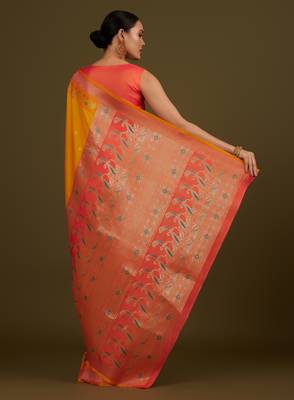 orange silk blend banarasi jacuard work saree with unstitched blouse piece 3