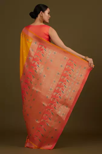 orange silk blend banarasi jacuard work saree with unstitched blouse piece