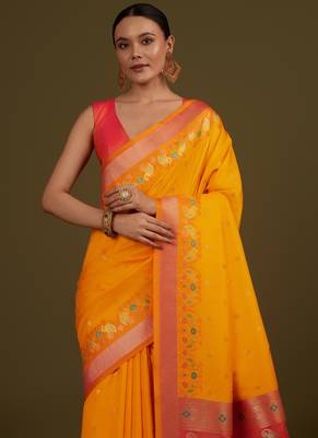 orange silk blend banarasi jacuard work saree with unstitched blouse piece 4