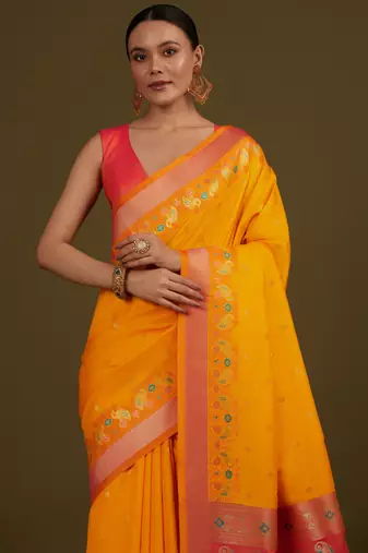 orange silk blend banarasi jacuard work saree with unstitched blouse piece