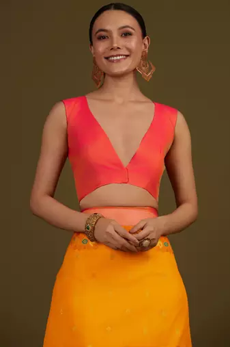 orange silk blend banarasi jacuard work saree with unstitched blouse piece