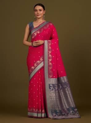 pink silk blend banarasi jacuard work saree with unstitched blouse piece 1
