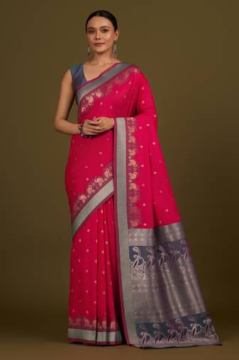 pink silk blend banarasi jacuard work saree with unstitched blouse piece