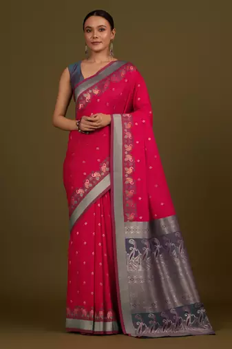 pink silk blend banarasi jacuard work saree with unstitched blouse piece