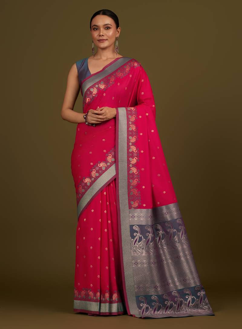 pink silk blend banarasi jacuard work saree with unstitched blouse piece