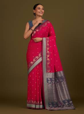 pink silk blend banarasi jacuard work saree with unstitched blouse piece 2