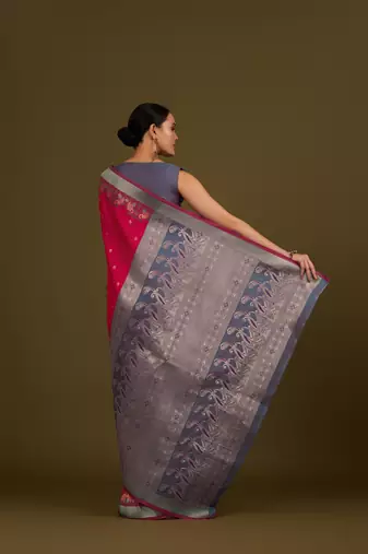 pink silk blend banarasi jacuard work saree with unstitched blouse piece