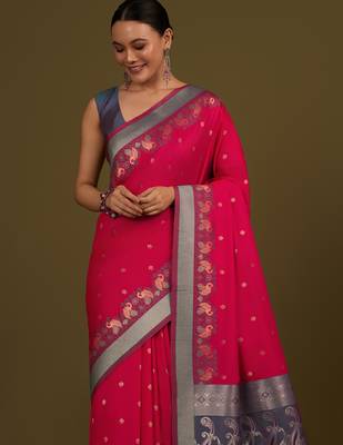 pink silk blend banarasi jacuard work saree with unstitched blouse piece 4