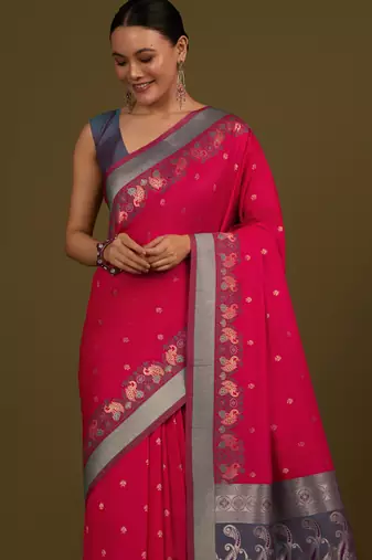 pink silk blend banarasi jacuard work saree with unstitched blouse piece