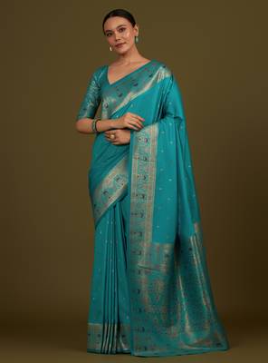 rama silk blend banarasi jacuard work saree with unstitched blouse piece 1