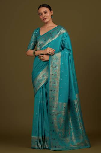 rama silk blend banarasi jacuard work saree with unstitched blouse piece