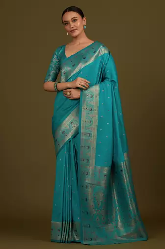 rama silk blend banarasi jacuard work saree with unstitched blouse piece