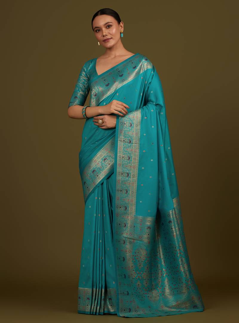 rama silk blend banarasi jacuard work saree with unstitched blouse piece