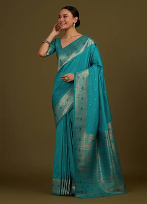 rama silk blend banarasi jacuard work saree with unstitched blouse piece 2
