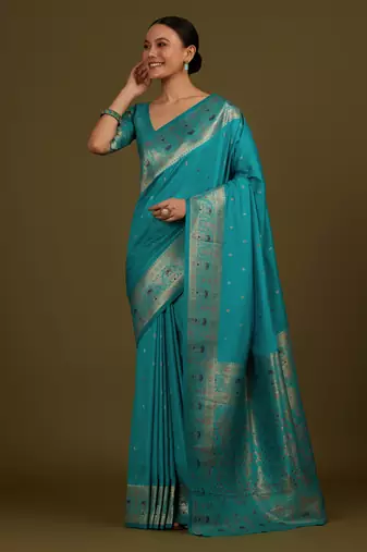 rama silk blend banarasi jacuard work saree with unstitched blouse piece