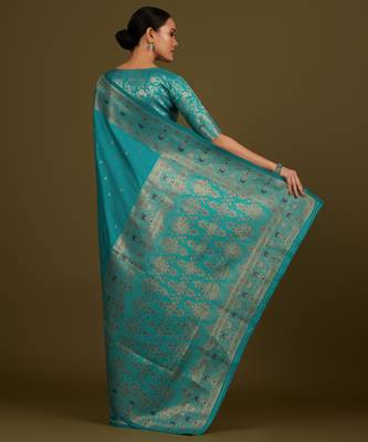 rama silk blend banarasi jacuard work saree with unstitched blouse piece 3