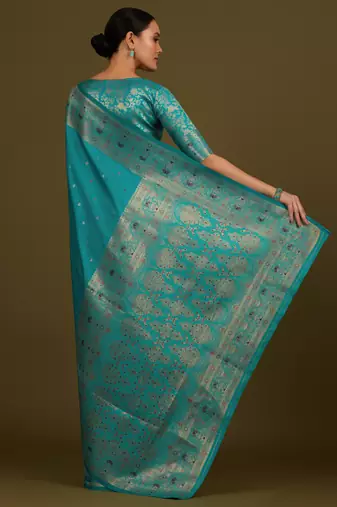 rama silk blend banarasi jacuard work saree with unstitched blouse piece