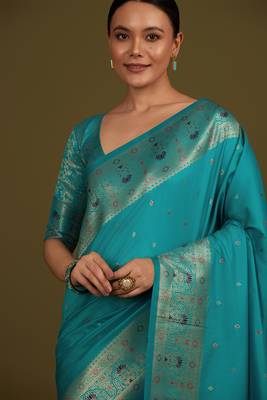 rama silk blend banarasi jacuard work saree with unstitched blouse piece 4