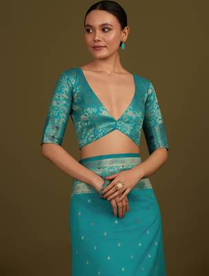 rama silk blend banarasi jacuard work saree with unstitched blouse piece 5