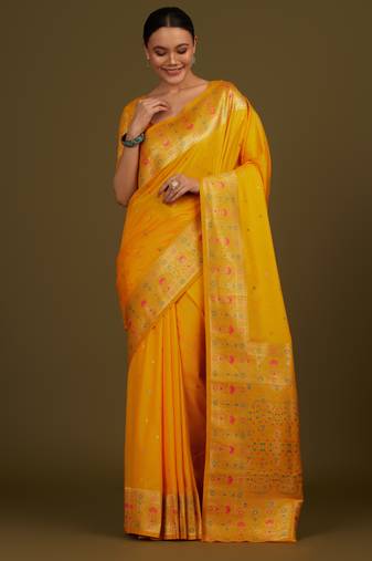 yelllow silk blend banarasi jacuard work saree with unstitched blouse piece