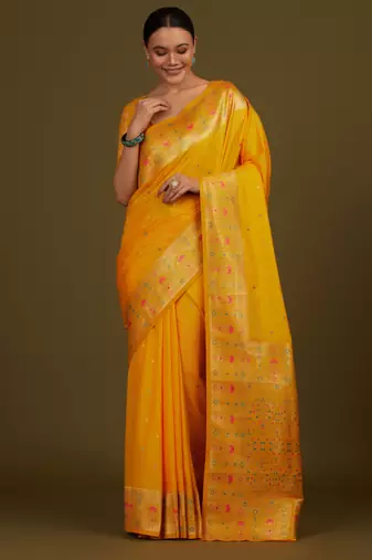 yelllow silk blend banarasi jacuard work saree with unstitched blouse piece