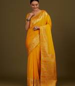 yelllow silk blend banarasi jacuard work saree with unstitched blouse piece