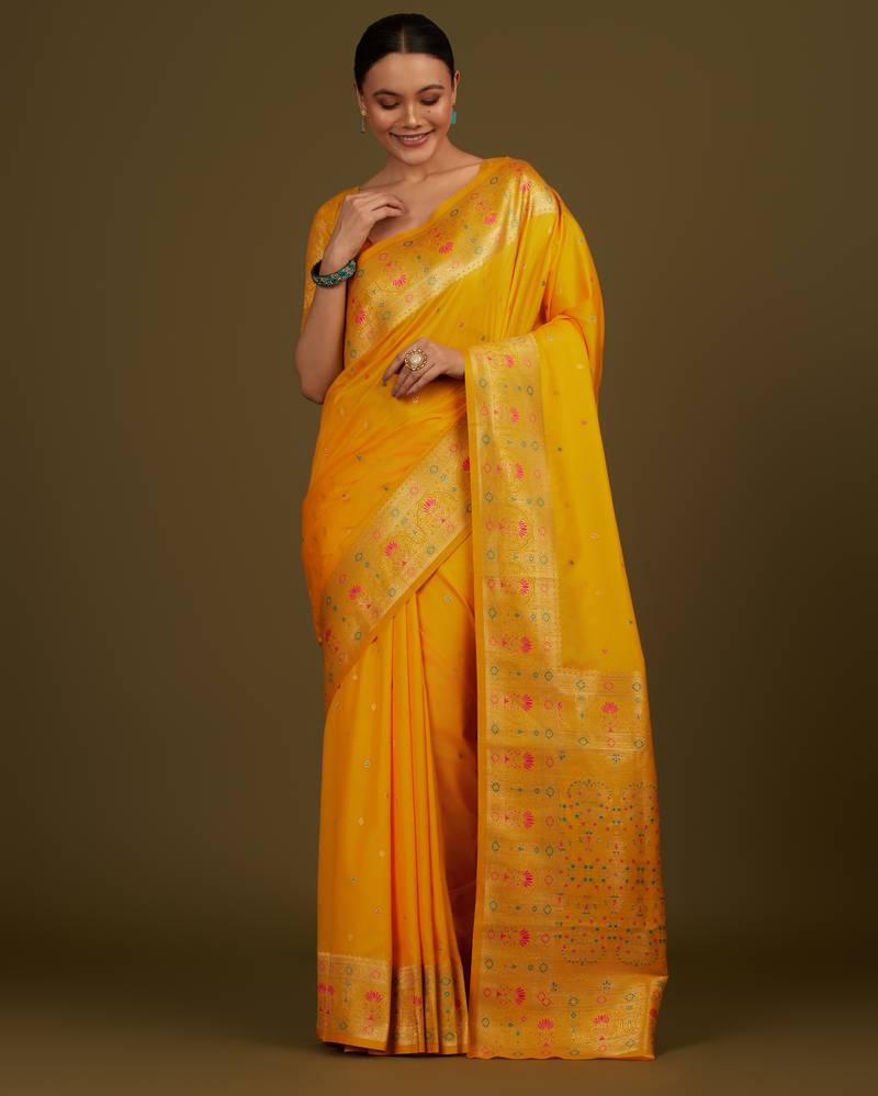 yelllow silk blend banarasi jacuard work saree with unstitched blouse piece