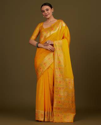 yelllow silk blend banarasi jacuard work saree with unstitched blouse piece 2