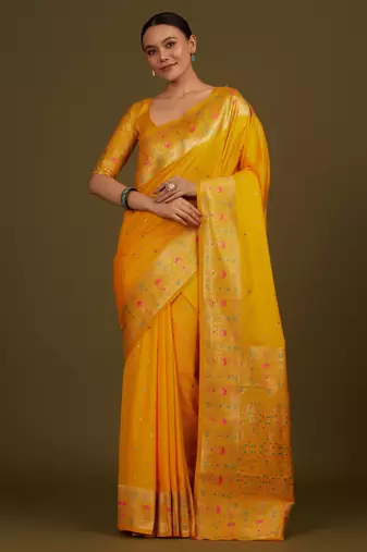 yelllow silk blend banarasi jacuard work saree with unstitched blouse piece
