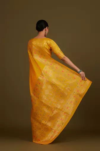 yelllow silk blend banarasi jacuard work saree with unstitched blouse piece