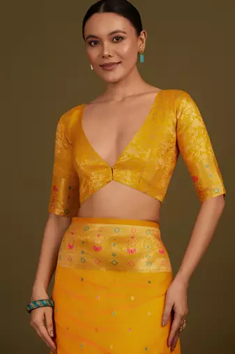 yelllow silk blend banarasi jacuard work saree with unstitched blouse piece