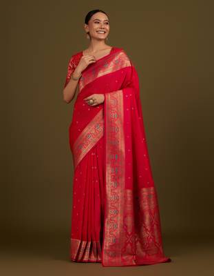 pink silk blend banarasi jacuard work saree with unstitched blouse piece 1