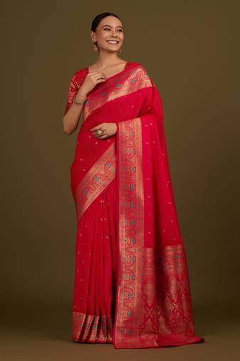 pink silk blend banarasi jacuard work saree with unstitched blouse piece