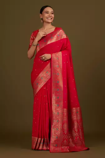 pink silk blend banarasi jacuard work saree with unstitched blouse piece