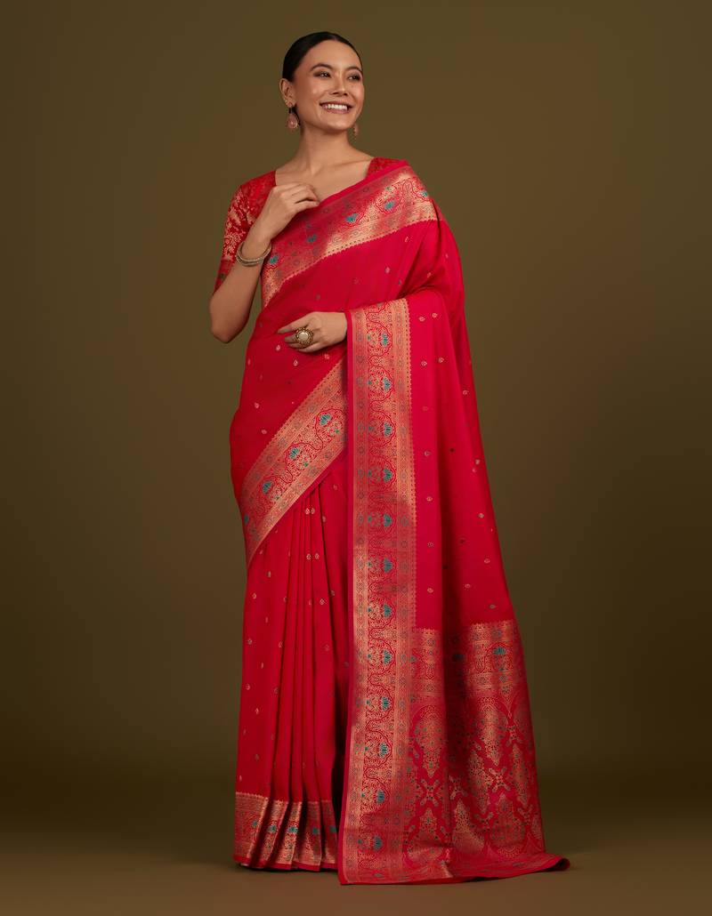 pink silk blend banarasi jacuard work saree with unstitched blouse piece