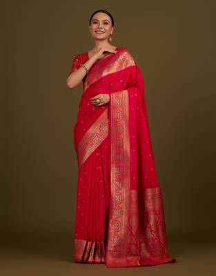 pink silk blend banarasi jacuard work saree with unstitched blouse piece 2