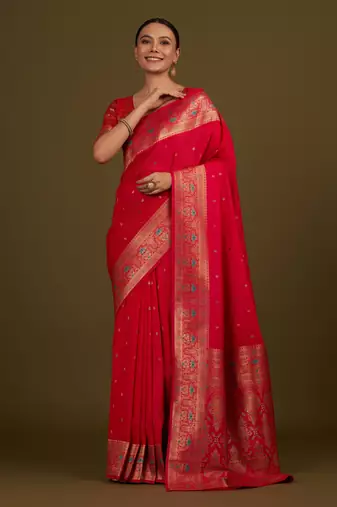 pink silk blend banarasi jacuard work saree with unstitched blouse piece
