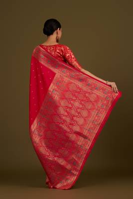 pink silk blend banarasi jacuard work saree with unstitched blouse piece 3