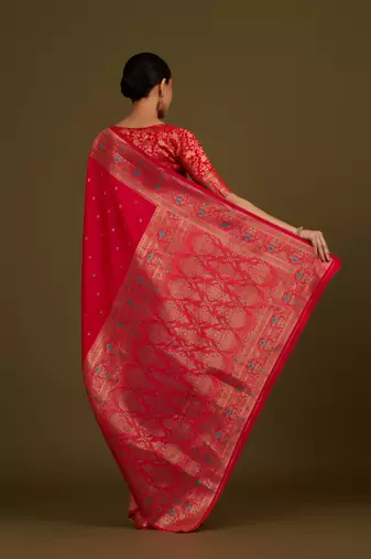 pink silk blend banarasi jacuard work saree with unstitched blouse piece