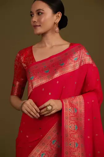 pink silk blend banarasi jacuard work saree with unstitched blouse piece