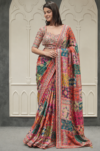 White Silk Blend Saree With Sequins And Foil Mirror Work